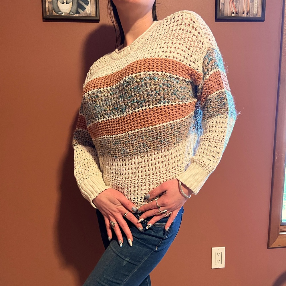 Womens knitted sweater crop top, stripped multi colored pattern, circle neck